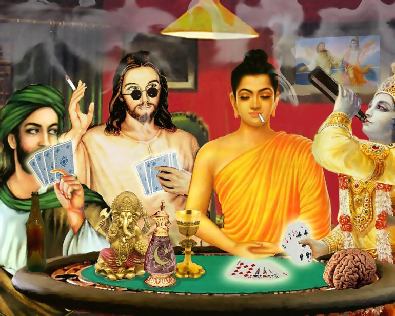 Dioses de varias religiones juegan con cigarrillos y alcohol