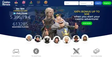 100% up to 50€ on your first deposit at Heroes Casino: Heroes Casino en línea