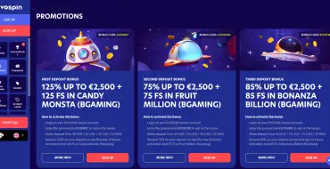 125% up to €2,500 + 125 FS on your first deposit at Evospin: Casino en línea Evospin