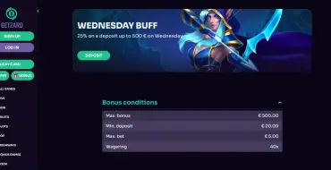 25% up to 500 €/$ every Wednesday at Betzard: Casino en línea Betzard