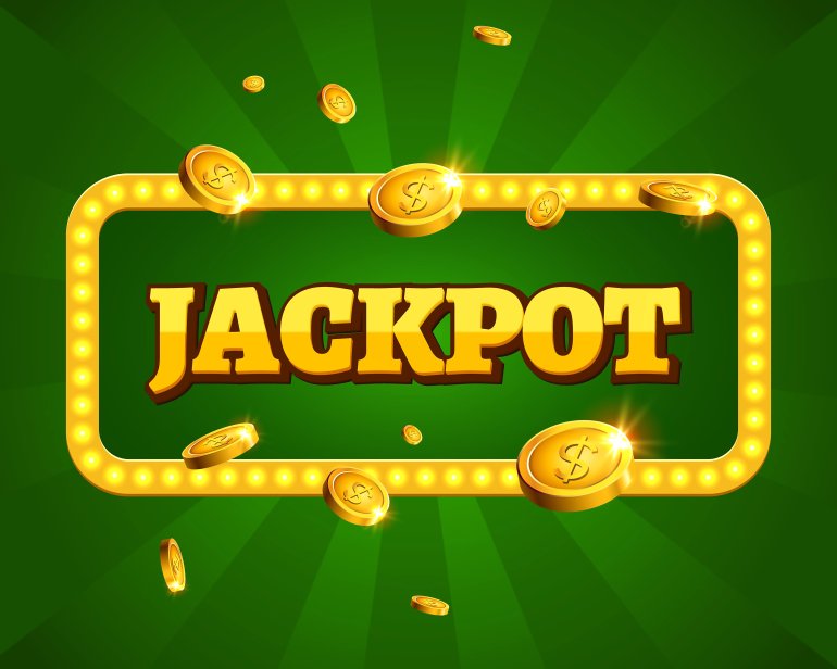 Signo de Jackpot rodeado de monedas sobre fondo verde