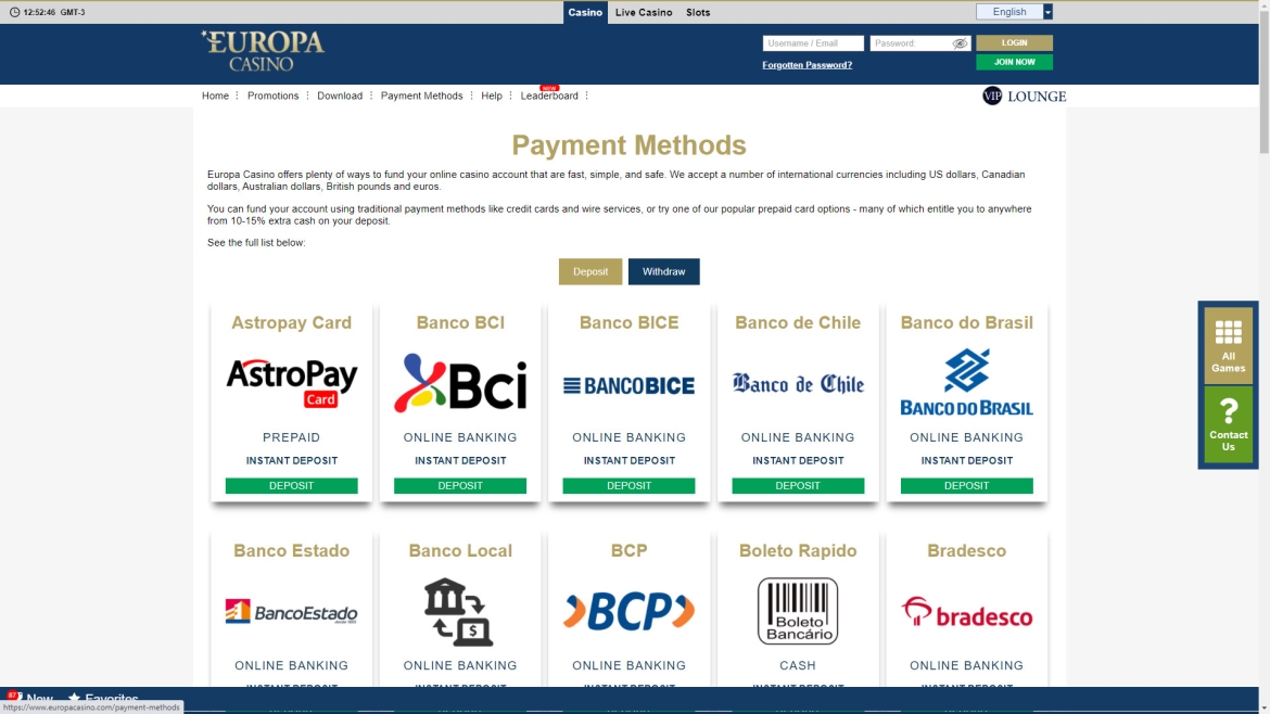 Europa casino métodos de depósito